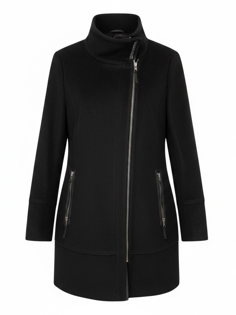 Calvin Klein Black Wool Zip-Front Funnel Neck Pea Coat